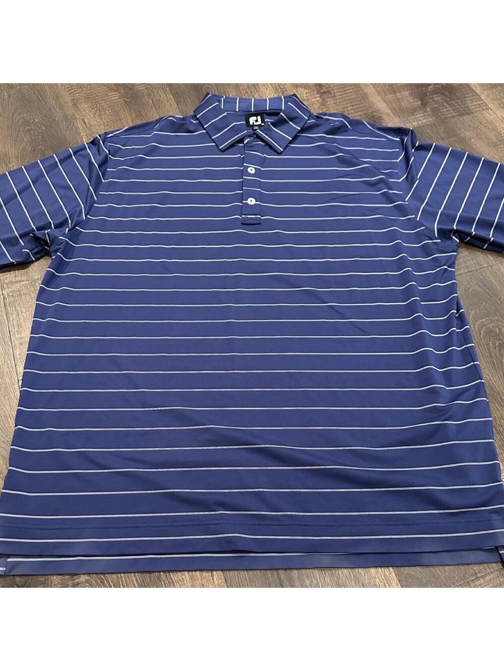 FJ Golf Polo Shirt Mens 2XL Blue with White Horizontal Stripes